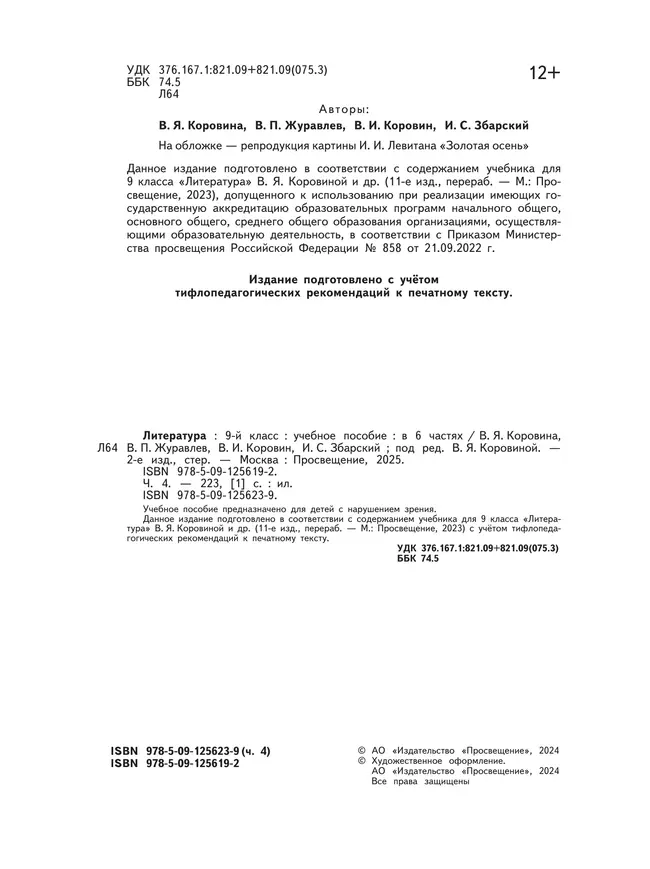 Литература. 9 класс. Учебное пособие. В 6 ч. Часть 4 (для слабовидящих обучающихся) 31